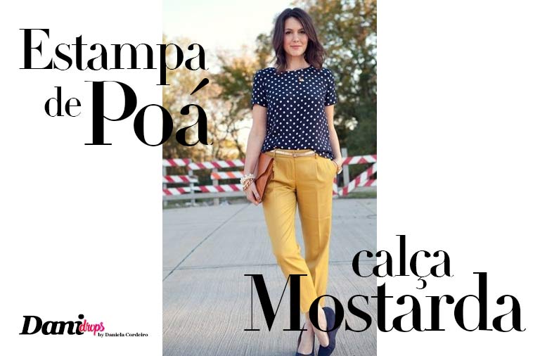 Blouse with Blue Poá Print and mustard pants