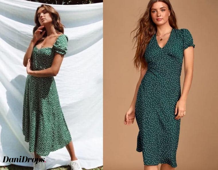 Midi Dress with Green Puff Sleeves