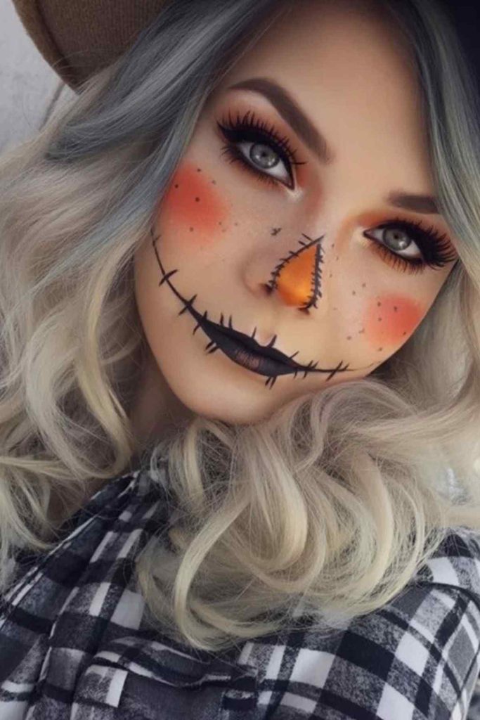 Trucco patchwork per Halloween da spaventapasseri Trucco patchwork per Halloween da spaventapasseri