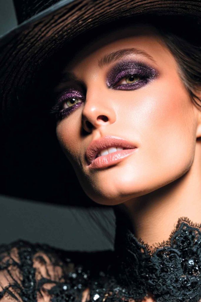 Trucco da strega per Halloween con occhi viola scintillanti Trucco da strega per Halloween con occhi neri scintillanti