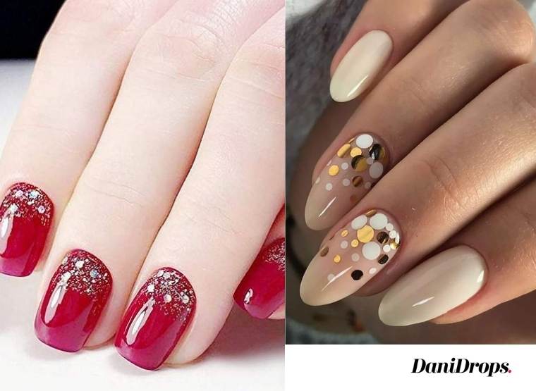 Nails decorated with leaves with fireworks