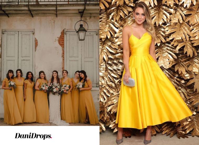 Vestido de dama de honor de boda amarillo 2023: vea 80 modelos hermosos y  elegantes