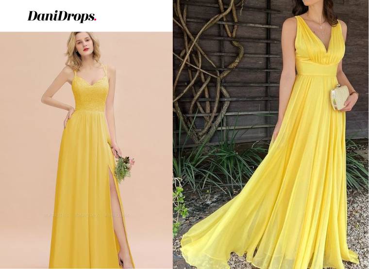 Al borde lb alineación Vestido de dama de honor de boda amarillo 2023: vea 80 modelos hermosos y  elegantes