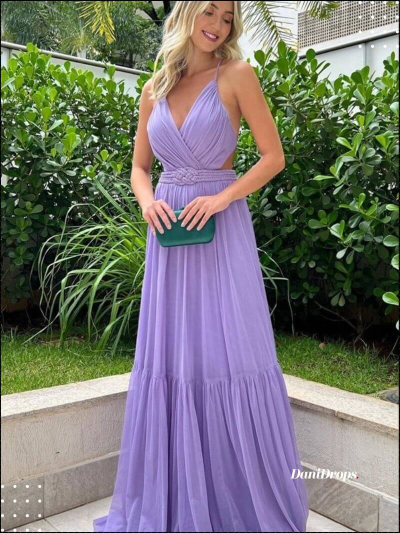 Elegant Lavender Straps Long Bridesmaid Dress with Slit – FancyVestido