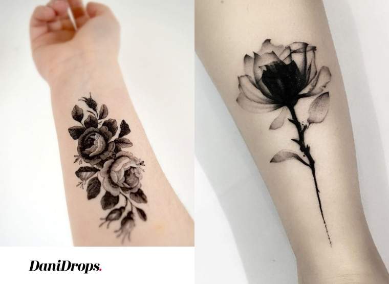 Fine line floral cross tattoo on the ankle.